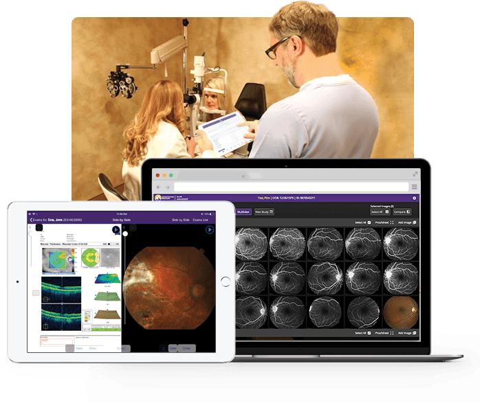 doctor and patient behind ipad and laptop with eyeball x rays doctor and patient behind ipad and laptop with eyeball x rays