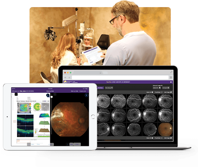 doctor and patient behind ipad and laptop with eyeball x rays