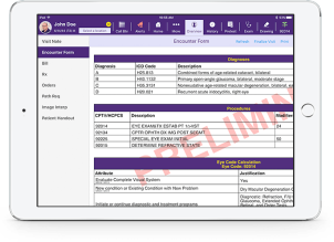 a picture of ICD-10 and CPT codes on an iPad in EMA, an ophthalmology EHR software from Modernizing Medicine