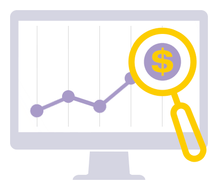 illustrated magnifier glass with dollar sign on a desktop with line graph