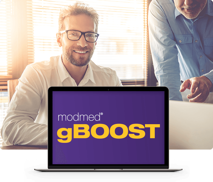 man with glasses smiling and a man pointing and laptop with gboost text