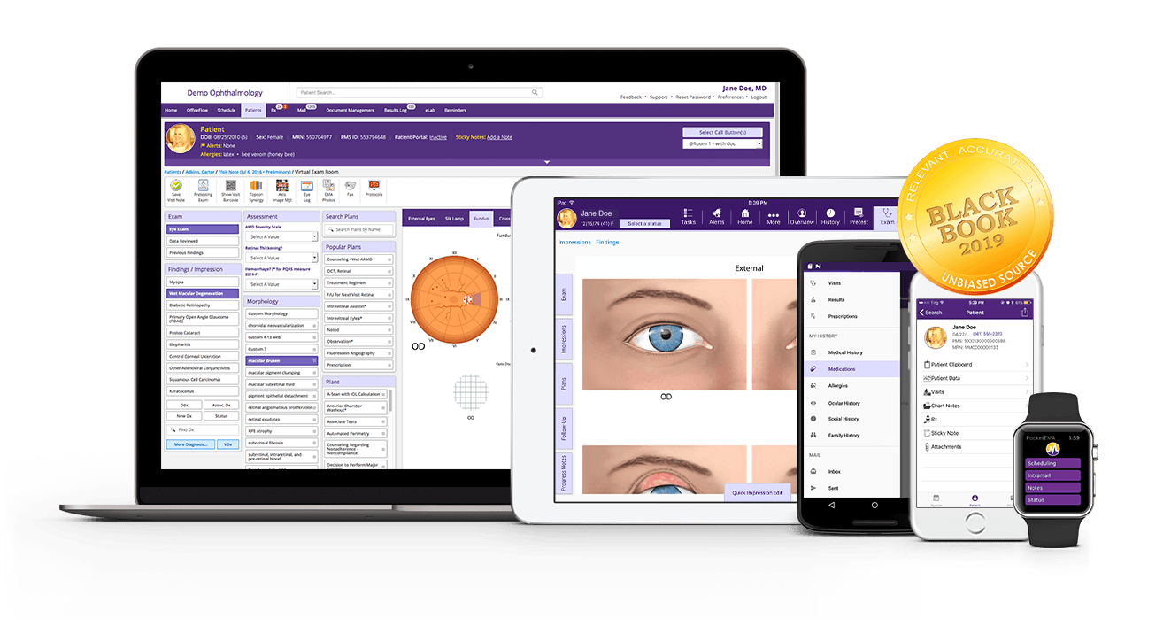 modmed Ophthalmology software suite on iPad, iPhone, Android phone, and Apple Watch with Black Book seal modmed ophthalmology EMR and software suite for iPad, iPhone, Android phone and Apple Watch with 2019 Black Book seal