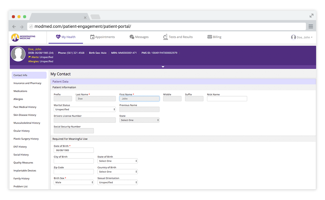 patient portal in laptop showing contact info