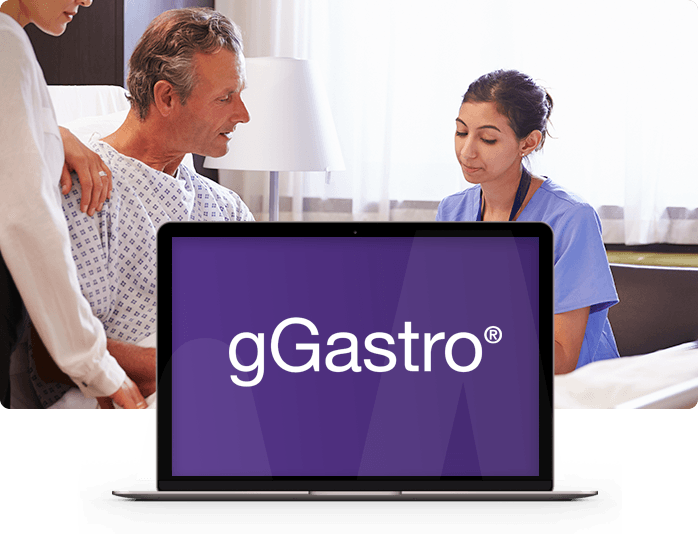 computer with gGastro logo with nurse and patient behind it