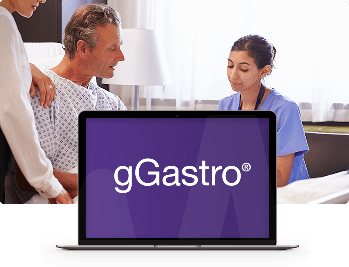 computer with gGastro logo with nurse and patient behind it computer with gGastro logo with nurse and patient behind it