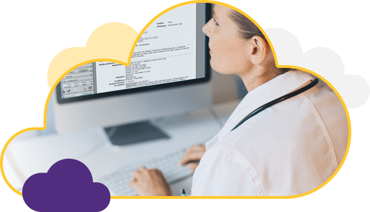 woman using computer shaped like a cloud woman using computer shaped like a cloud