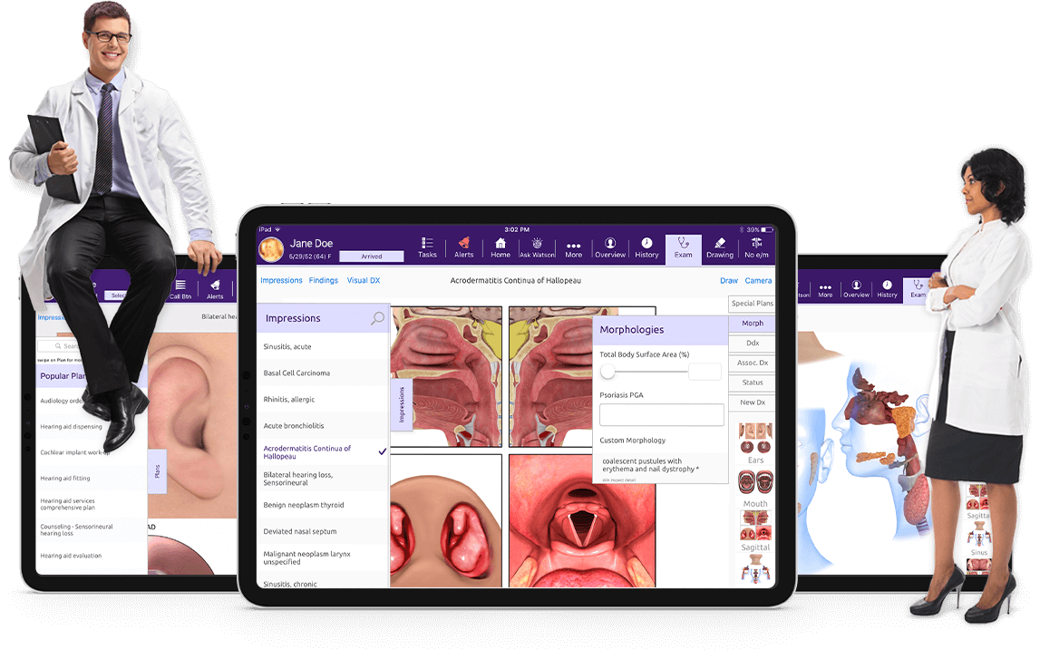 three ENT-specific EHR ipads with a guy sitting on top left and a female on the right side