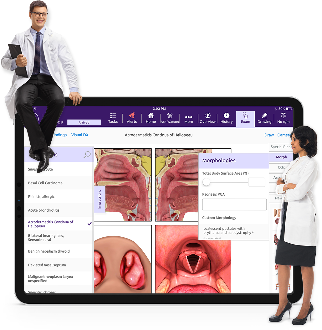 ENT-specific EHR ipad with a guy sitting on top left and a female on the right side