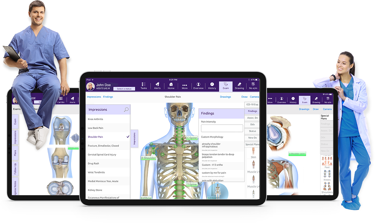 three Ortho-specific EHR ipads with a guy sitting on top left and a female on the right side
