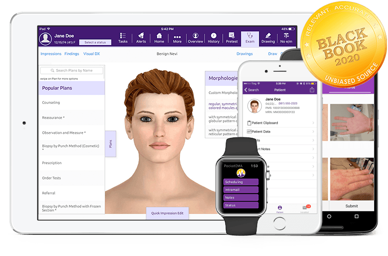 modmed Dermatology software suite on iPad, iPhone, Android phone, and Apple Watch with Black Book seal modmed Dermatology software suite on iPad, iPhone, Android phone, and Apple Watch with Black Book seal