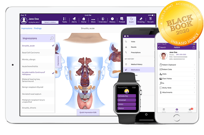 modmed Otolaryngology software suite on iPad, iPhone, Android phone, and Apple Watch with Black Book seal modmed Otolaryngology software suite on iPad, iPhone, Android phone, and Apple Watch with Black Book seal