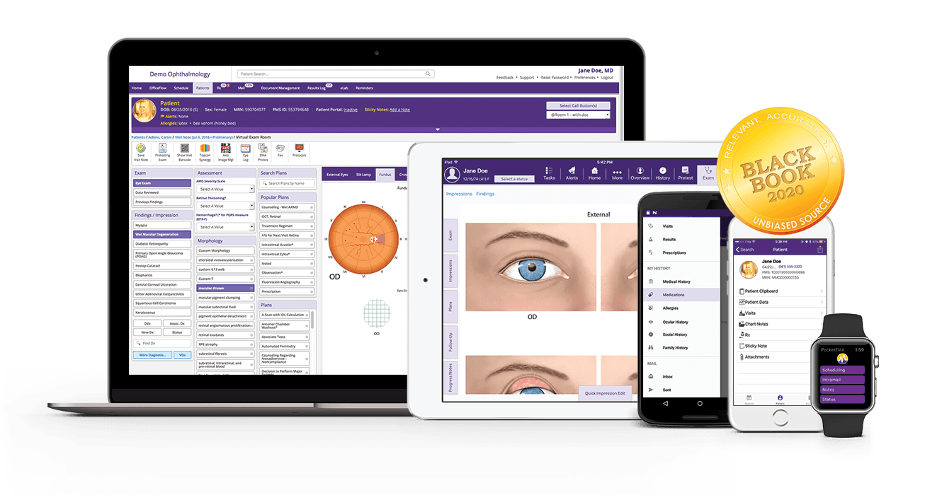 modmed Ophthalmology software suite on iPad, iPhone, Android phone, and Apple Watch with Black Book seal modmed ophthalmology EMR and software suite for iPad, iPhone, Android phone and Apple Watch with 2019 Black Book seal