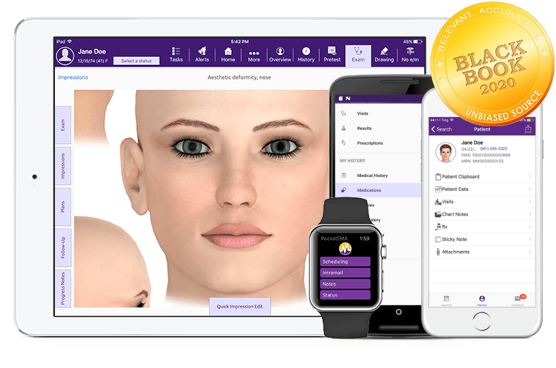 modmed Plastic Surgerysoftware suite on iPad, iPhone, Android phone, and Apple Watch with Black Book seal modmed Plastic Surgerysoftware suite on iPad, iPhone, Android phone, and Apple Watch with Black Book seal