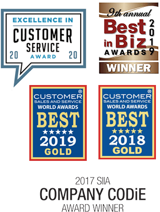 badges for 2020 Excellence in Customer Service Awards | Technology of the Year – Business Intelligence Group, 2019 Customer Service Department of the Year (Bronze) – Best in Biz Awards, 2019 Best Use of Technology in Customer Service (Gold) — Customer Sales and Service World Awards®, 2018 Customer Service Department of the Year (Gold) — Customer Sales and Service World Awards, 2017 Customer Success Team of the Year — SIIA Company CODiE Awards