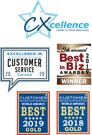 badges for 2020 CX-Cellence Award | 2020 Excellence in Customer Service Awards | Technology of the Year – Business Intelligence Group, 2019 Customer Service Department of the Year (Bronze) – Best in Biz Awards, 2019 Best Use of Technology in Customer Service (Gold) — Customer Sales and Service World Awards®, 2018 Customer Service Department of the Year (Gold) — Customer Sales and Service World Awards
