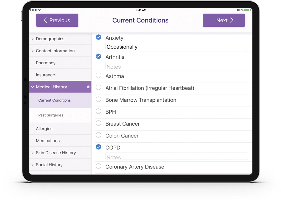 medical history in ModMed Kiosk on iPad medical history in ModMed Kiosk on iPad