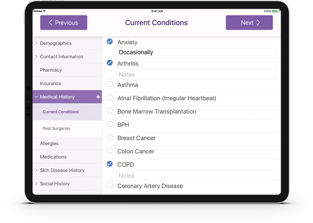 medical history in ModMed Kiosk on iPad