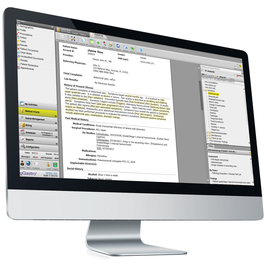 Patient documentation from gGastro EHR shown on a computer screen.