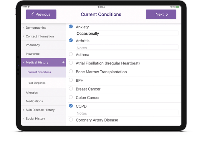 selecting current conditions in ModMed Kiosk on ipad selecting current conditions in ModMed Kiosk on ipad