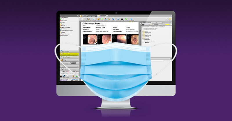 Computer screen displaying a colonoscopy report covered by a face mask