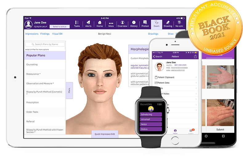 derm-ehr-suite7_2021 modmed Dermatology software suite on iPad, iPhone, Android phone, and Apple Watch with Black Book seal