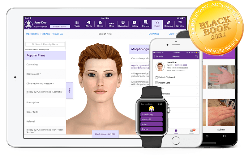 ModMed Dermatology software suite on iPad, iPhone, Android phone, and Apple Watch with Black Book seal