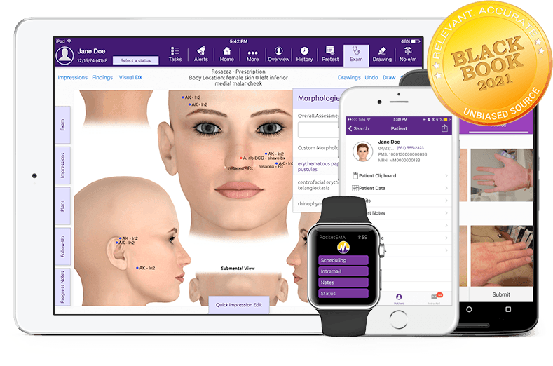 modmed Dermatology software suite on iPad, iPhone, Android phone, and Apple Watch with Black Book seal
