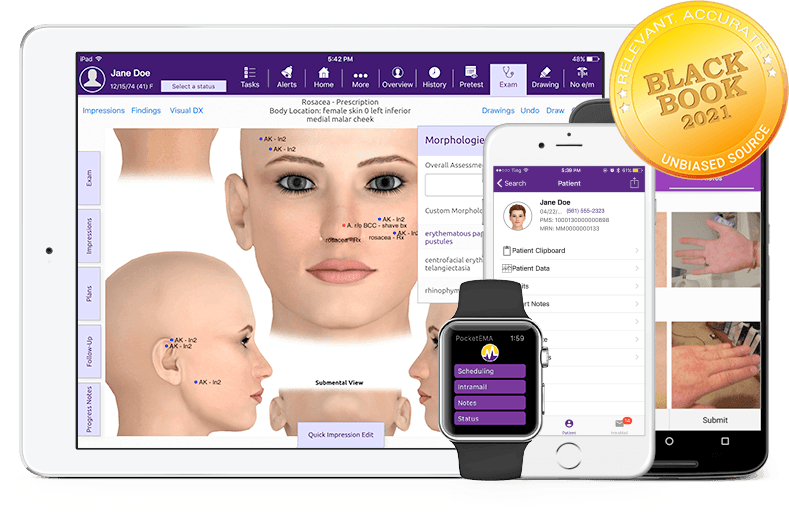 modmed Dermatology software suite on iPad, iPhone, Android phone, and Apple Watch with Black Book seal modmed Dermatology software suite on iPad, iPhone, Android phone, and Apple Watch with Black Book seal