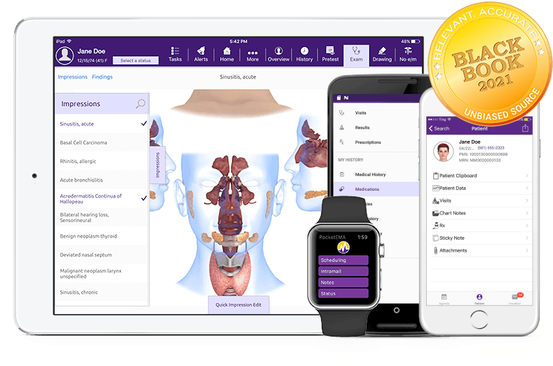 modmed Otolaryngology software suite on iPad, iPhone, Android phone, and Apple Watch with Black Book seal