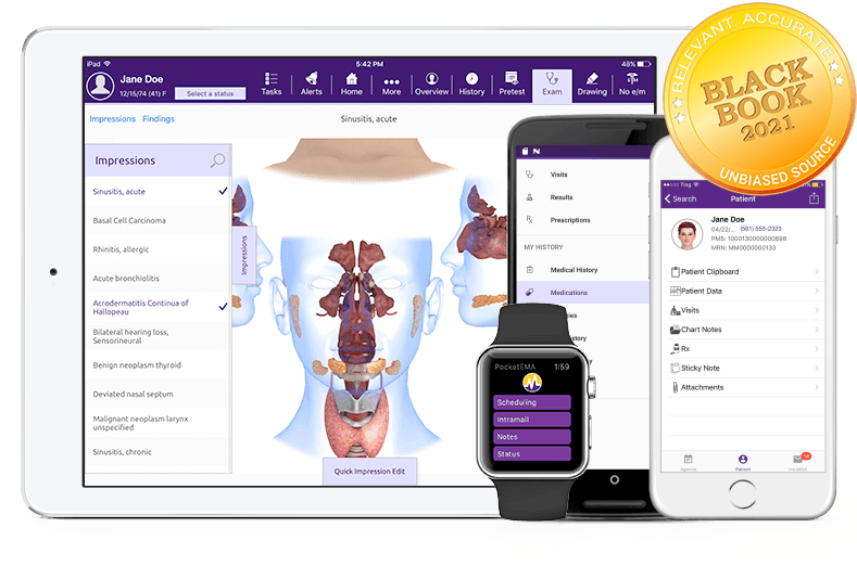 ent-ehr-suite5_2021 modmed Otolaryngology software suite on iPad, iPhone, Android phone, and Apple Watch with Black Book seal