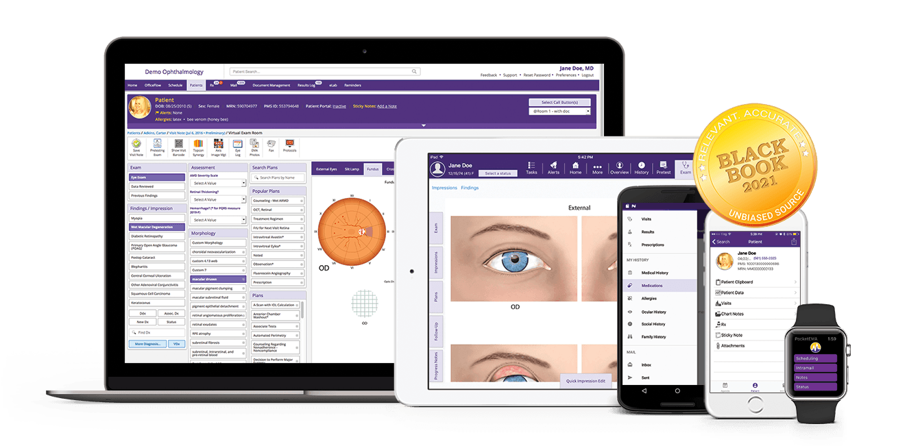 ophth-ehr-suite-var1-5d modmed ophthalmology EHR and software suite for iPad, iPhone, Android phone and Apple Watch with 2019 Black Book seal
