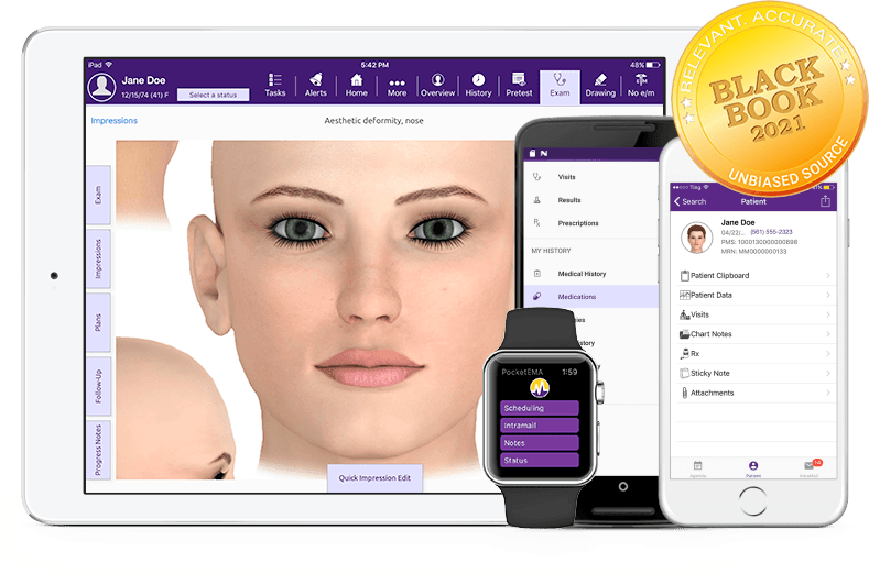 modmed Plastic Surgerysoftware suite on iPad, iPhone, Android phone, and Apple Watch with Black Book seal