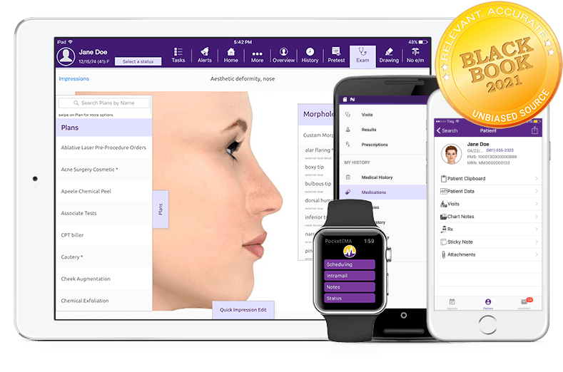 modmed Plastic Surgery software suite on iPad, iPhone, Android phone, and Apple Watch with Black Book seal modmed Plastic Surgery software suite on iPad, iPhone, Android phone, and Apple Watch with Black Book seal