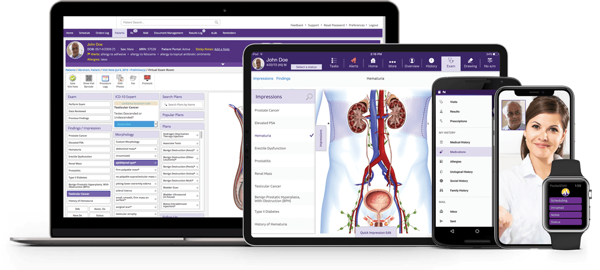modmed Urology software suite on iPad, iPhone, Android phone, and Apple Watch