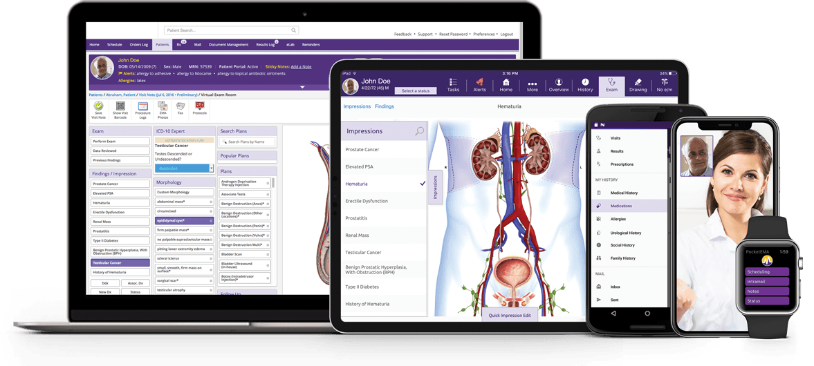 uro-launch-suite3 ModMed Urology software suite on iPad, iPhone, Android phone, and Apple Watch