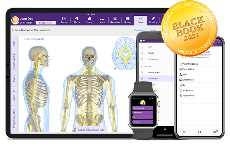 modmed Pain Management software suite on iPad, iPhone, Android phone, and Apple Watch