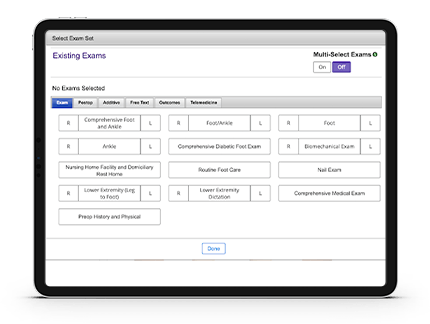 Screen showing podiatric exam selections