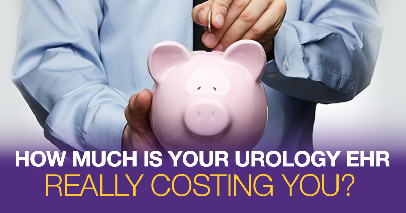 man putting money in piggy bank with blog title: How much is your urology EHR really costing you?