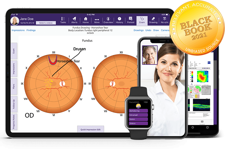 modmed Ophthalmology software suite on iPad, iPhone, Android phone, and Apple Watch with Black Book seal