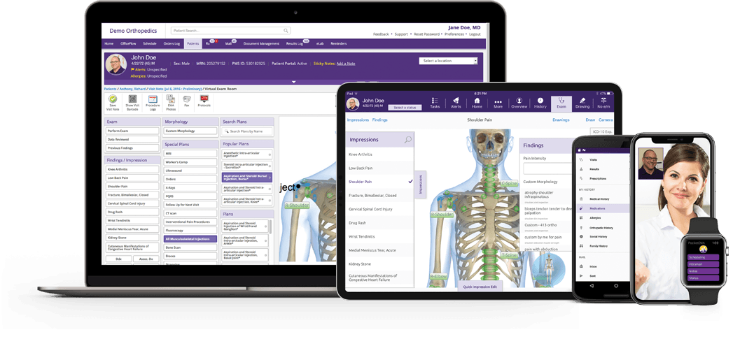 iat-ortho755-suite2 Ecosystem of access devices — browser, tablet, smartphone, Apple Watch — with orthopedic imagery