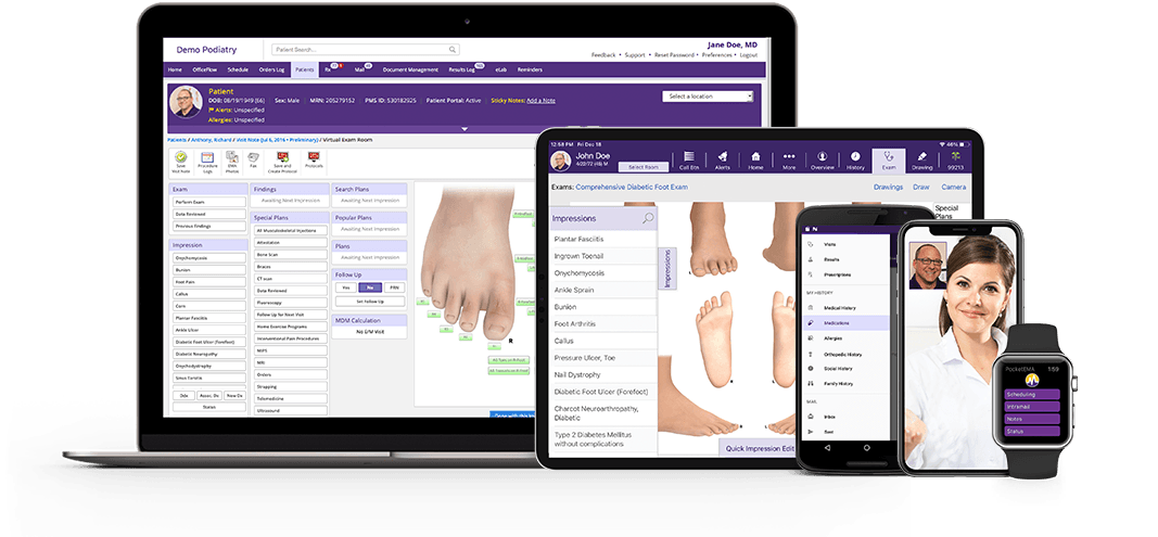 ModMed software via browser, iPad, smartphones and Apple Watch