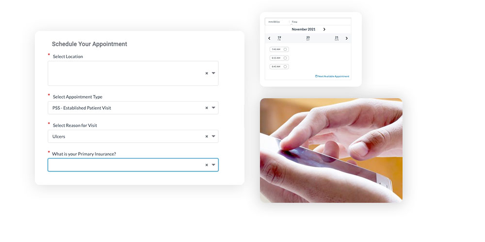 Patient uses self-scheduling to make an appointment on their mobile phone. Patient uses self-scheduling to make an appointment on their mobile phone.