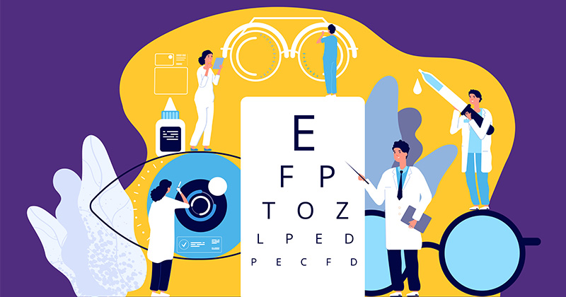Illustrated icons of ophthalmology, such as an eye, eye chart and glasses 