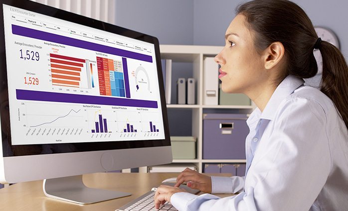 Woman reviewing graphical business analytics on a computer screen 