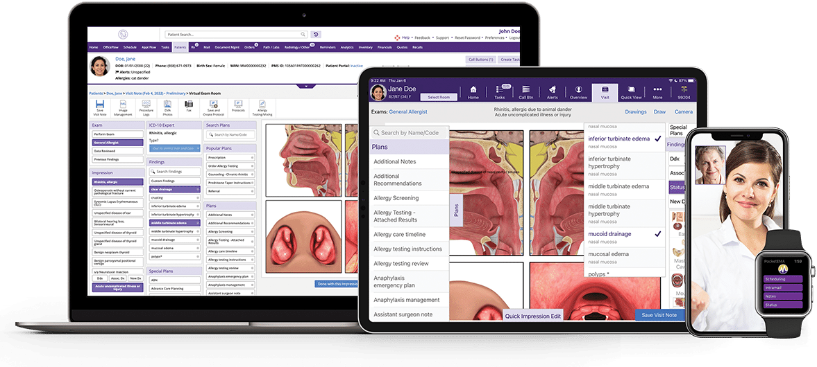 Images of allergy-specific EHR software on computer, tablet and phone Images of allergy-specific EHR software on computer, tablet and phone