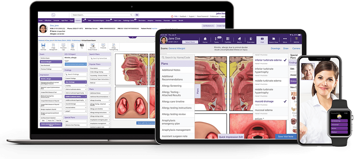 Images of allergy-specific EHR software on computer, tablet and phone