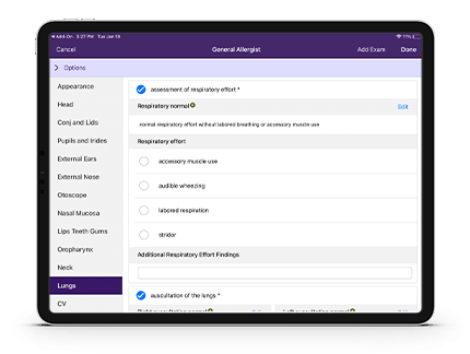 Image of allergy-specific software on a tablet 