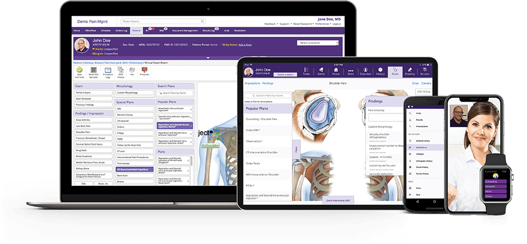 EHR software on a computer, iPad, smartphone and watch 