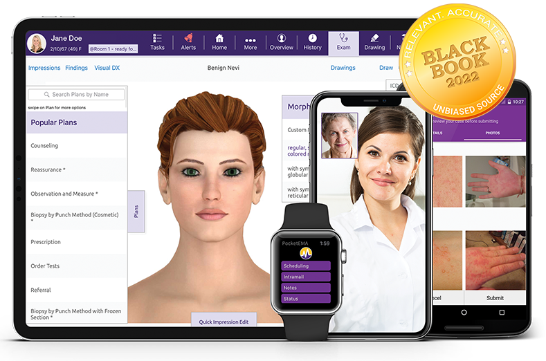 ModMed Dermatology software suite on iPad, iPhone, Android phone, and Apple Watch with Black Book seal