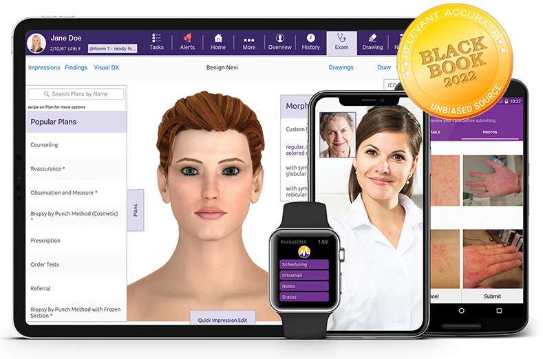 ModMed Dermatology software suite on iPad, iPhone, Android phone, and Apple Watch with Black Book seal ModMed Dermatology software suite on iPad, iPhone, Android phone, and Apple Watch with Black Book seal